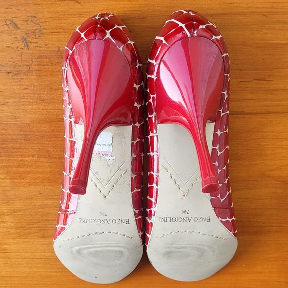 Enzo Open Toe Red Patent Leather Stiletto Heels - Picture 6 of 10